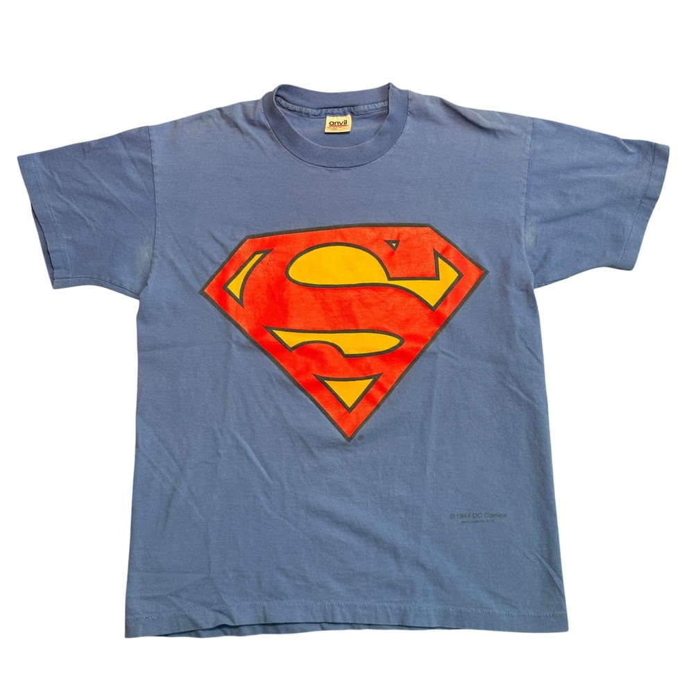 Vintage Superman DC Comics Anvil Graphic T-Shirt Blue Large 90s Made in USA